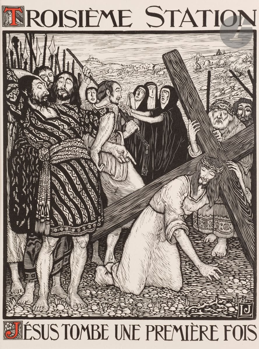 Louis Jou (1881-1968) 
Le Chemin de la Croix. 1916. Un album grand in-fol. contenant un titre et 14 planches sous passe-partout d’origine. Bois gravé. Chaque [460 x 585]. Impression en deux tons (noir et rouge). Très belles épreuves sur japon, le titre numéroté, dédicacé au crayon : « A Monsieur Edmond Sagot / Son dévoué et reconnaissant / Louis Jou », les 14 planches également numérotées et signées. Quelques rares rousseurs claires. Toutes marges. Portefeuille décoré de l’édition (très défraîchi). L’un des 40 exemplaires sur japon ancien. Tirage total à 105 ex. Joint : un prospectus (feuillet double orné) annonçant la parution de l’ouvrage.