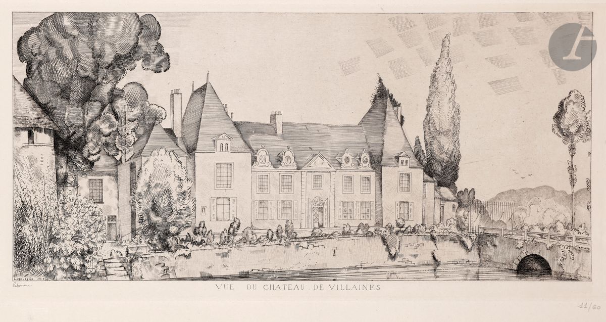 Jean-Émile Laboureur (1877-1943) 
Vue du château de Villaines. 1922-1924. Eau-forte et burin. 410 x 195. Laboureur 248. Réunion de 2 très belles épreuves de l’état définitif, sur vélin blanc mince et sur japon, numérotées et signées au crayon. Une rousseur claire marginale à l’une. Toutes marges. Tirage à 60 épreuves. Timbre sec : H. Petiet éditeur (Lugt 2021a). Joint : même sujet. Très belle épreuve du 1er état (sur 4), sur vélin blanc mince, signée, numérotée et annotée au crayon « premier état », et épreuve tirée sur le cuivre biffé. Ens. 4 p.