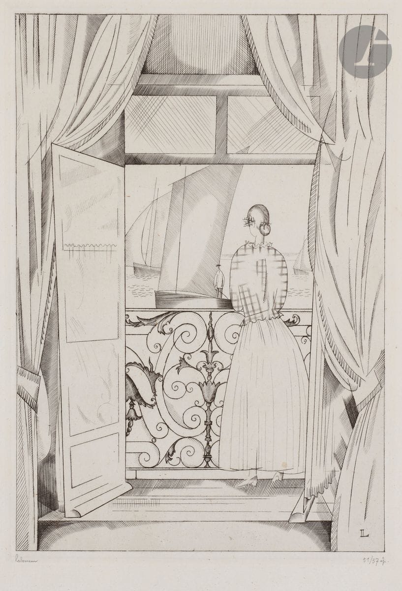 Jean-Émile Laboureur (1877-1943) 
Le Balcon sur la mer. 1923. Burin. 210 x 296. Laboureur 274. Belle épreuve sur vergé ancien azuré, signée et numérotée au crayon. Légère oxydation à l’ouverture d’un ancien passe-partout, avec bande rousse marquée à 20-25 mm au-delà du coup de planche. Quelques petites rousseurs claires, dont une dans le bas de la robe. Toutes marges. Tirage à 57 épreuves.