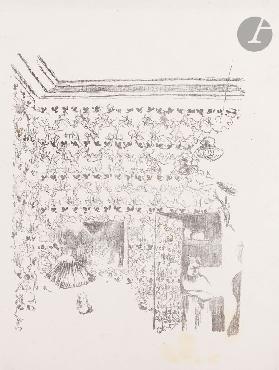Édouard Vuillard (1868-1940) 
Intérieur aux tentures roses I. (Pl. 5 de l’album Paysages et intérieurs). 1899. Lithographie. 275 x 345. Roger-Marx 36 ; Johnson 155-5. Intéressante épreuve d’essai sur chine volant de la pierre-clé tirée en noir. Larges rousseurs claires en pied. Bande d’empoussiérage en tête. Toutes marges. A. Vollard éd. Ex-coll. H. M. Petiet (Lugt 6031).