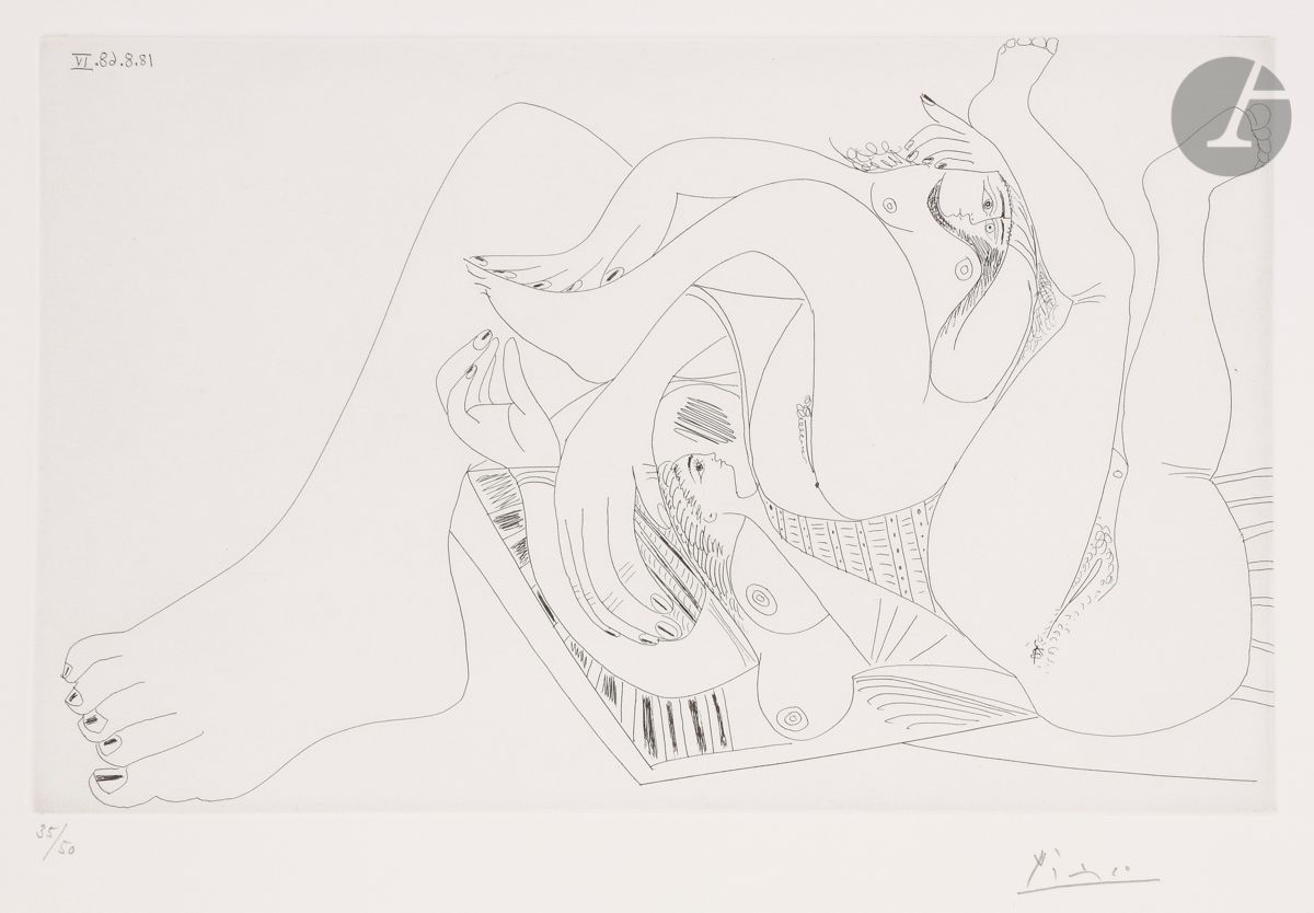 Pablo Picasso (1881-1973)
Suite « Les 347 »
Deux femmes batifolant sur un matelas de plage. (Les 347, pl. 285). 18 août 1968. Eau-forte. 325 x 198. Bloch 1765 ; Baer 1782 B b 1. Parfaite épreuve sur vélin crème, du tirage à 50 épreuves effectué en 1969 pour la galerie Leiris, numérotée et signée au crayon. Toutes marges.