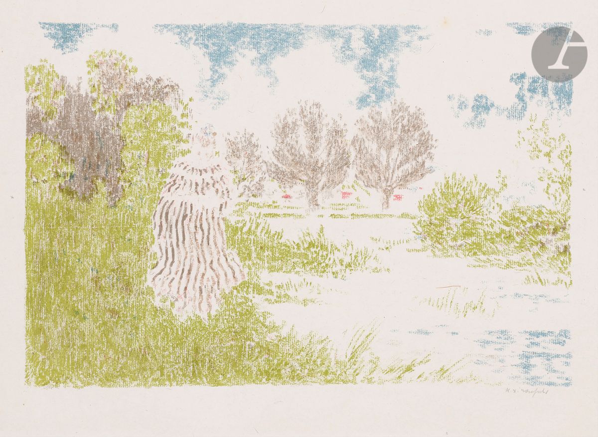 Ker-Xavier Roussel (1867-1944) 
Femme en robe à rayures. (Pl. de la suite Paysages). 1898. Autographie. 322 x 212. Salomon 16 ; Johnson 134-3. Impression en couleurs. Très belle épreuve sur chine volant, signée au crayon. Quelques rares rousseurs. Amincissures inhérentes à la texture du papier, visibles essentiellement par transparence, plus marquées au bord gauche du feuillet. Fin pli cassé et salissures au bord supérieur gauche. Toutes marges [533 x 415]. Tirage à 100 épreuves. A. Vollard éd.