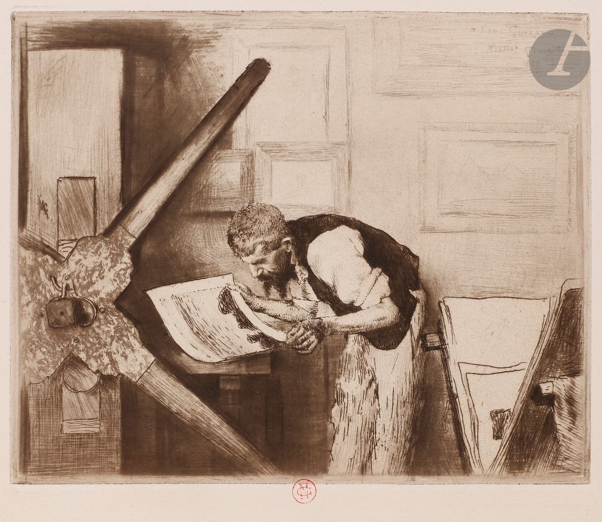Norbert Goeneutte (1854-1894) 
Henri Guérard at his press. 1888. Etching, aquatint and roulette. 195 x 157. Duvivier 86. Very nice and fresh proof on laid paper, stamped with the artist's red stamp (Lugt 1182). All margins untrimmed.
