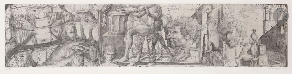 Érik Desmazières (né en 1948) 
Hommage à G. de S.-A. 1985. Eau-forte. 645 x 147. Fitch 80. Très belle épreuve sur vélin, numérotée, signée et datée au crayon. Marges. Tirage à 90 épreuves. A. et A. Bonafous-Murat éd. Cadre.