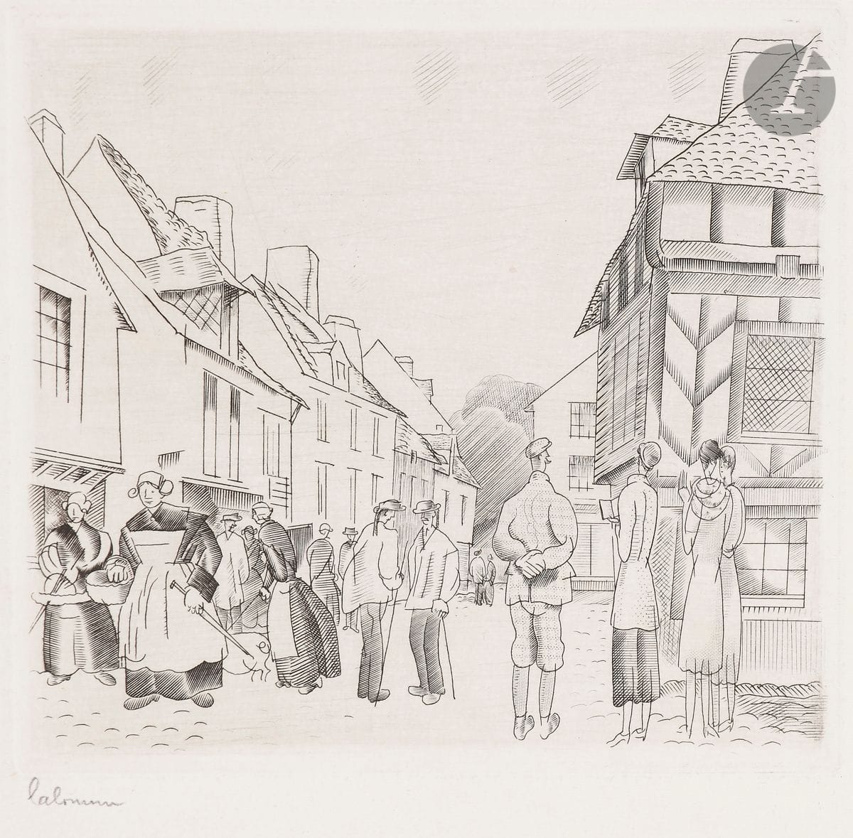 Jean-Émile Laboureur (1877-1943) 
Tourists in Brittany. 1928. Burin. 121 x 110. Laboureur 376. Very nice proof on white vellum, from the 2nd state (of 3), before the monogram, annotated in the lower left corner in pencil "good / (10 ep.) jel". All margins. Final edition of 58 proofs.
