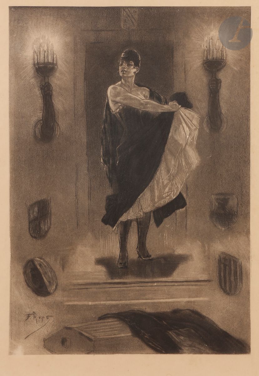 Félicien Rops (1833-1898) 
La Vengeance d’une femme. (Illustration pour Barbey d’Aurevilly, Les Diaboliques). Héliogravure. À vue : 200 x 275. Rouir p. 33, fig. 34. Belle épreuve sur vélin. Marges. Cadre.
