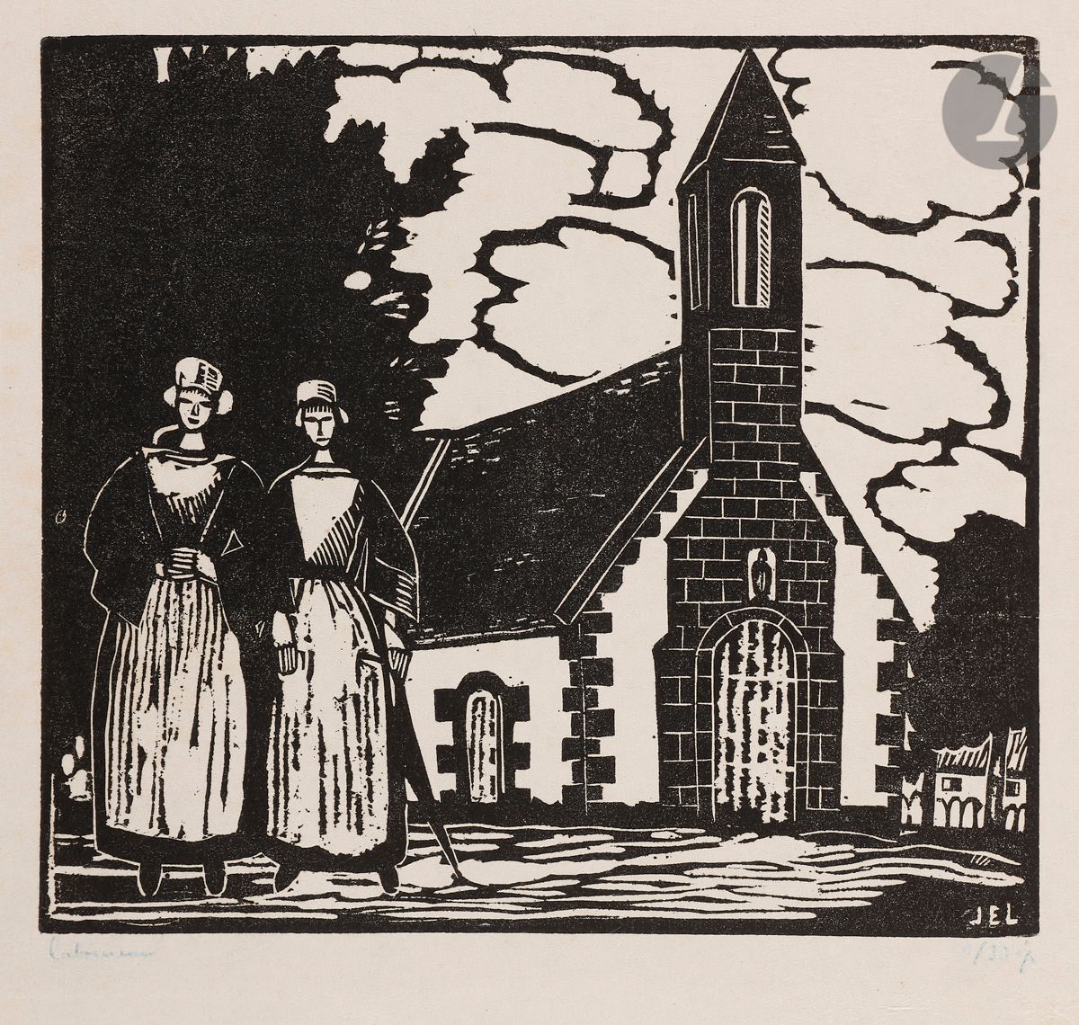 Jean-Émile Laboureur (1877-1943) 
Chapelle bretonne. 1923. Bois gravé. 250 x 217. Laboureur 743. Très belle épreuve sur japon, signée et numérotée au crayon bleu. Bande de léger empoussiérage en pied. Fines traces de plis marginales. Toutes marges. Rare. Tirage à 15 épreuves (malgré les 30 annoncées, la moitié du tirage n’ayant pas été effectuée). Ex-coll. H. M. Petiet (Lugt 5031).