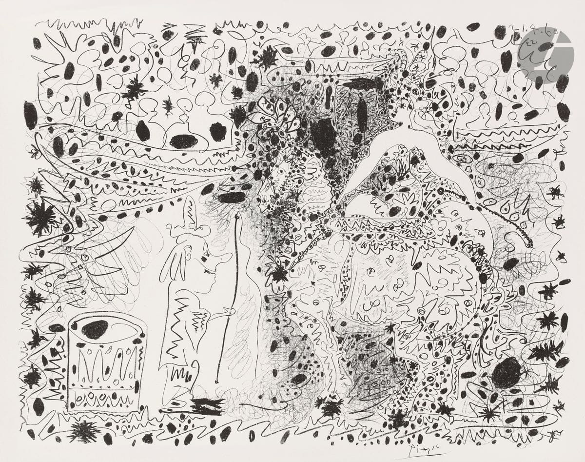 Pablo Picasso (1891-1973) 
The Squire. 1960. Autograph. 640 x 500. Mourlot 333; Bloch 999; Güse-Rau 699. Very nice proof on white vellum, from the numbered edition for the newspaper Le Patriote (Nice). Long oblique broken fold along the upper left edge of the sheet. Full margins.

