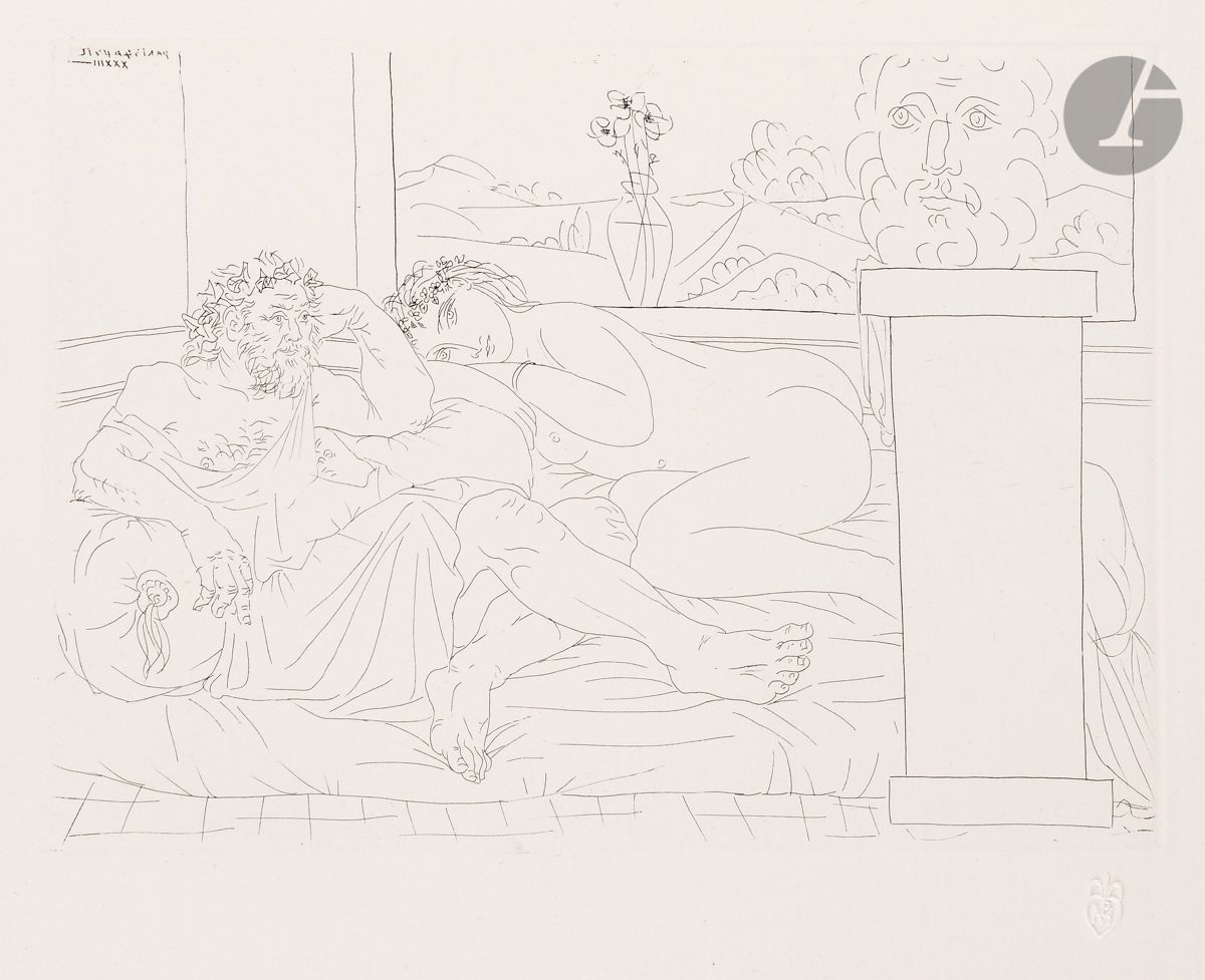 Pablo Picasso (1881-1973) 
 Suite Vollard
Le Repos du sculpteur. (Suite Vollard, pl. 65). 4 avril 1933. Eau-forte. 267 x 194. Bloch 174 ; Baer 327 B d. Très belle épreuve sur vergé de Montval filigrané « Vollard », du tirage à petites marges à 260 épreuves [445 x 340], non signée. Très légère oxydation aux bords du feuillet. Toutes marges non ébarbées.