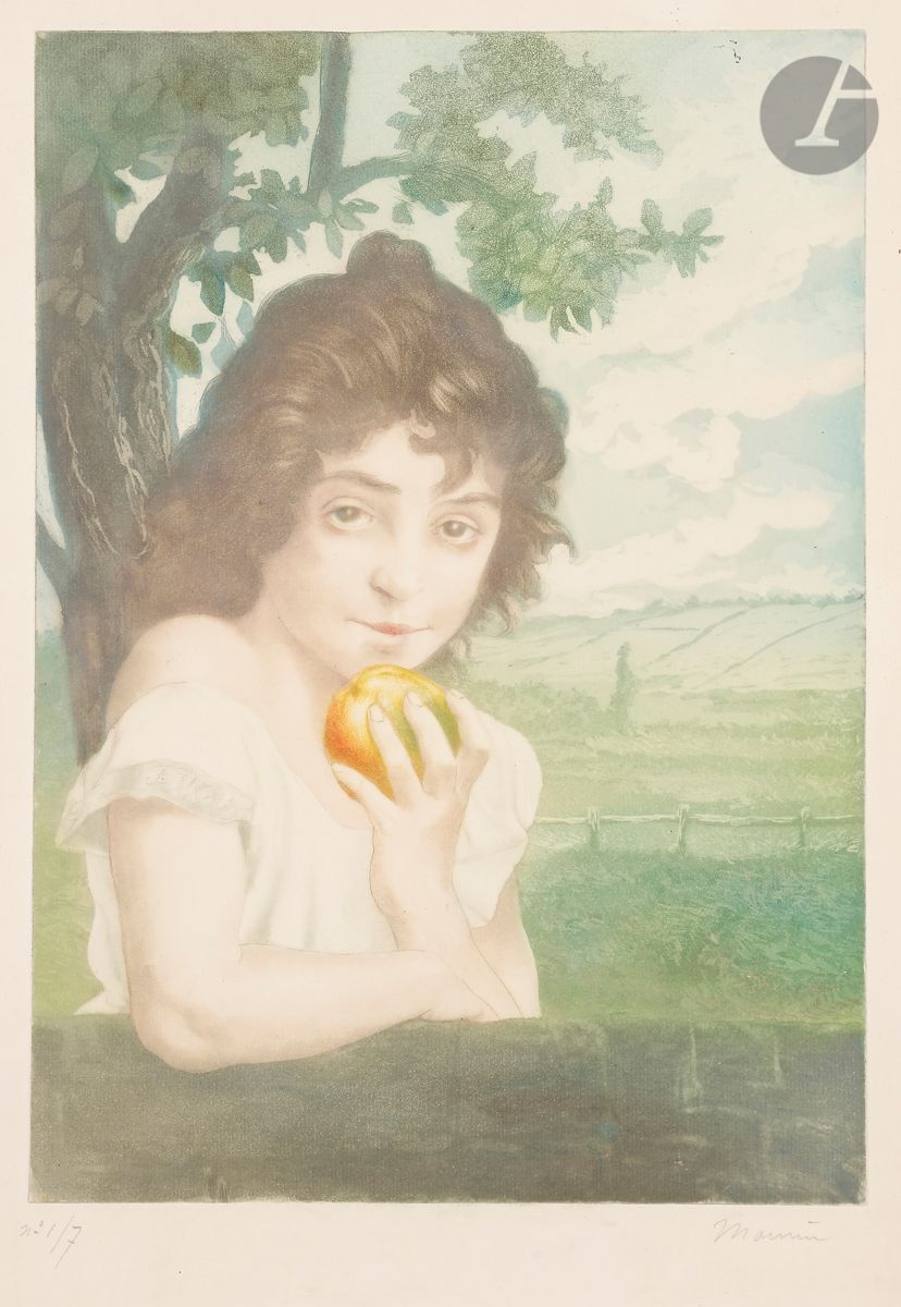Charles Maurin (1856-1914) 
La Belle pomme. 1910. Pointe sèche et aquatinte. 280 x 400. Impression en couleurs. Très belle épreuve sur vergé, numérotée et signée au crayon, titrée en pied, et annotée « Ep. avant l’aciérage ». Petites salissures, plis de manipulation et deux courtes déchirures en tête du feuillet. Toutes marges.
