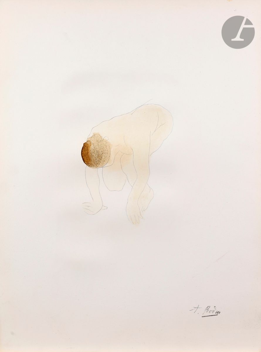 Auguste Rodin (1840-1917) (after) 
Nude of woman. 1897. Lithograph by Auguste Clot. [430 x 570]. Printed in colors. Very nice and fresh proof on strong white vellum, with the printed signature. Slight trace of oxidation at the edges of the sheet. All margins. Edition at 100 proofs for the Album d'estampes originales de la Galerie Vollard (1897).
