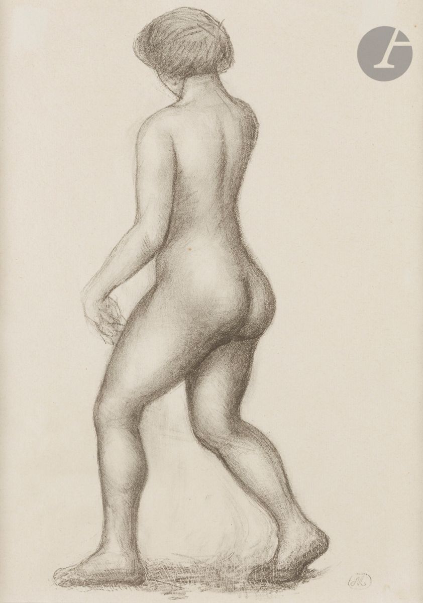 Aristide Maillol (1861-1944) 
Woman walking to the left. (Pl. for L'Art d'aimer d'Ovide, Lausanne, Gonin frères éd., 1935). Lithograph. Sight: 260 x 370. Guérin 316. Very nice proof on Montval laid paper. Several traces of folds, including a long fold (or tear?) at the right edge. Margins. Frame.

