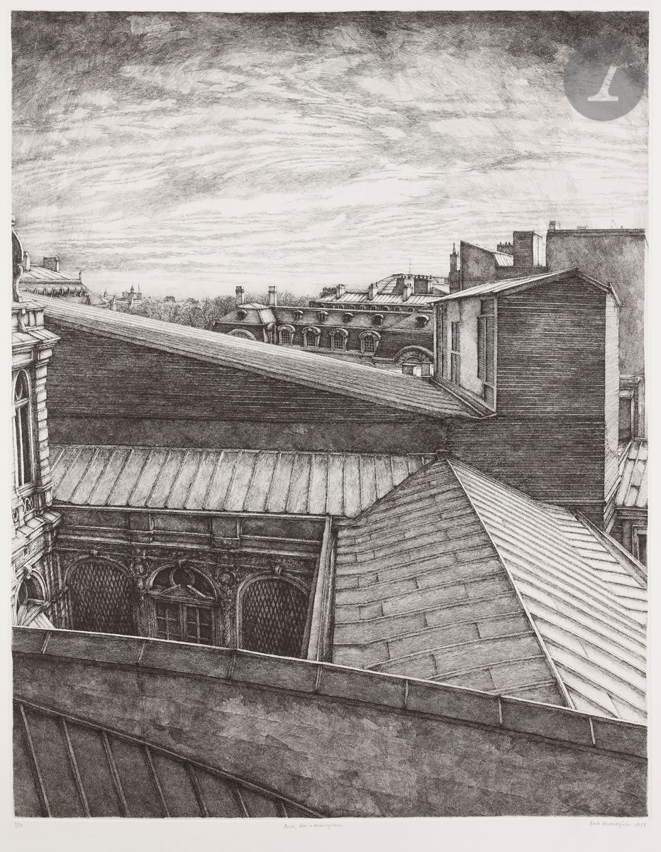 Érik Desmazières (né en 1948) 
Paris, rue de Marignan. 1983. Eau-forte. 495 x 626. Fitch 71. Parfaite épreuve sur vélin blanc, numérotée, titrée, signée et datée au crayon. Toutes marges. Tirage à 90 épreuves.