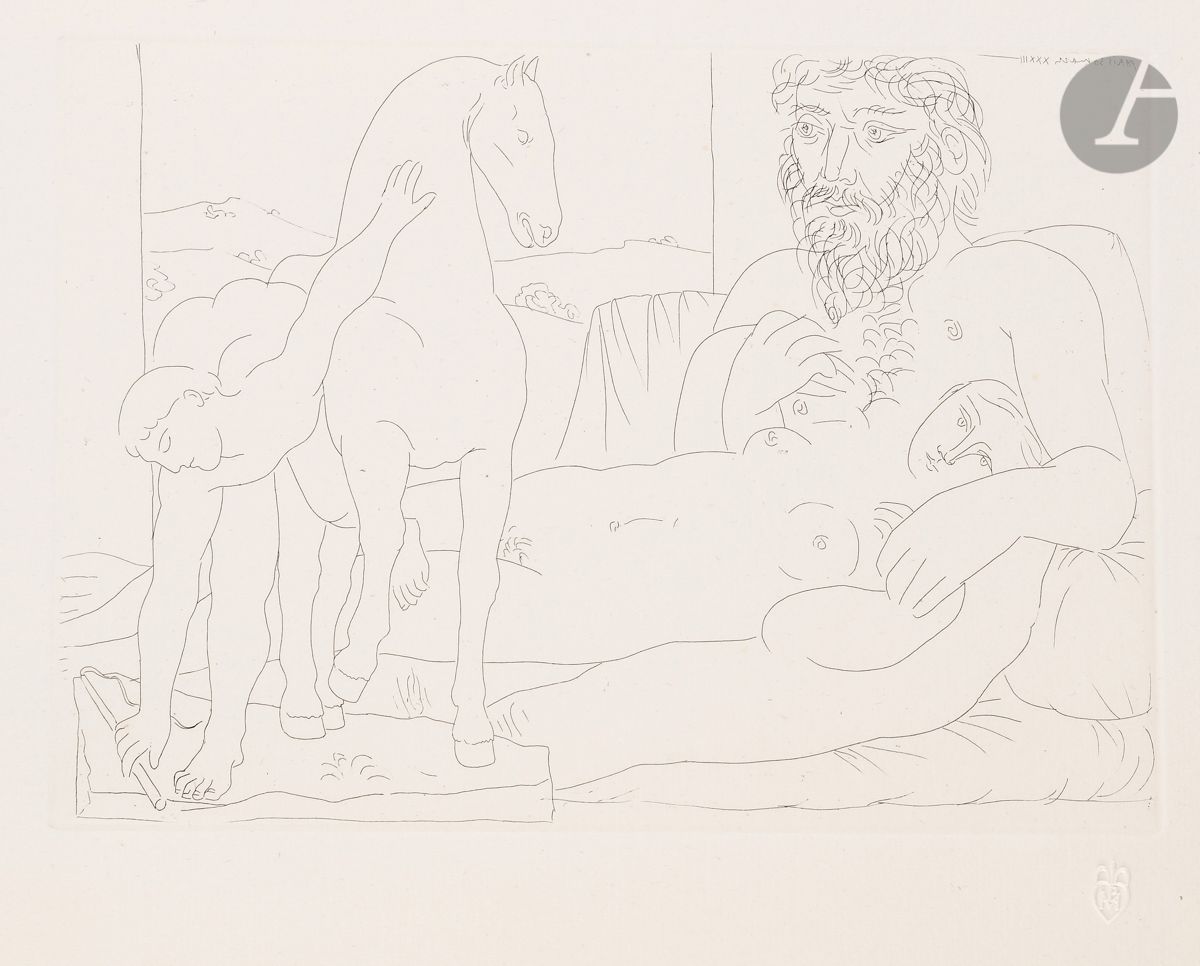 Pablo Picasso (1881-1973) 
 Suite Vollard
Le Repos du sculpteur devant le jeune cavalier. (Suite Vollard, pl. 55). 30 mars 1933. Eau-forte. 268 x 194. Bloch 164 ; Baer 317 B d. Parfaite épreuve sur vergé de Montval filigrané « Picasso », du tirage à petites marges à 260 épreuves [445 x 340], non signée. Très légère oxydation aux bords du feuillet. Quelques infimes points de rouille marginaux, inhérents à la texture du papier. Toutes marges non ébarbées.