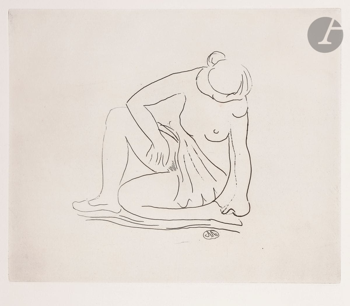 Aristide Maillol (1861-1944) 
Kneeling woman, one knee raised (Eve). About 1926. Etching. 382 x 308. Guérin 330; Johnson 77. Perfect proof on strong white vellum. All margins. A. Vollard ed. (plate intended for an album that was not published).
