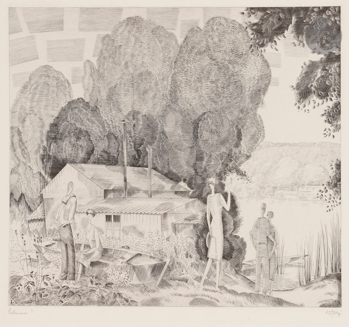 Jean-Émile Laboureur (1877-1943) 
L’Auberge au bord de l’eau (grande planche). 1925-1926. Burin. 260 x 240. Laboureur 317. Parfaite épreuve sur vélin crème, signée et numérotée au crayon. Toutes marges. Tirage à 70 épreuves.