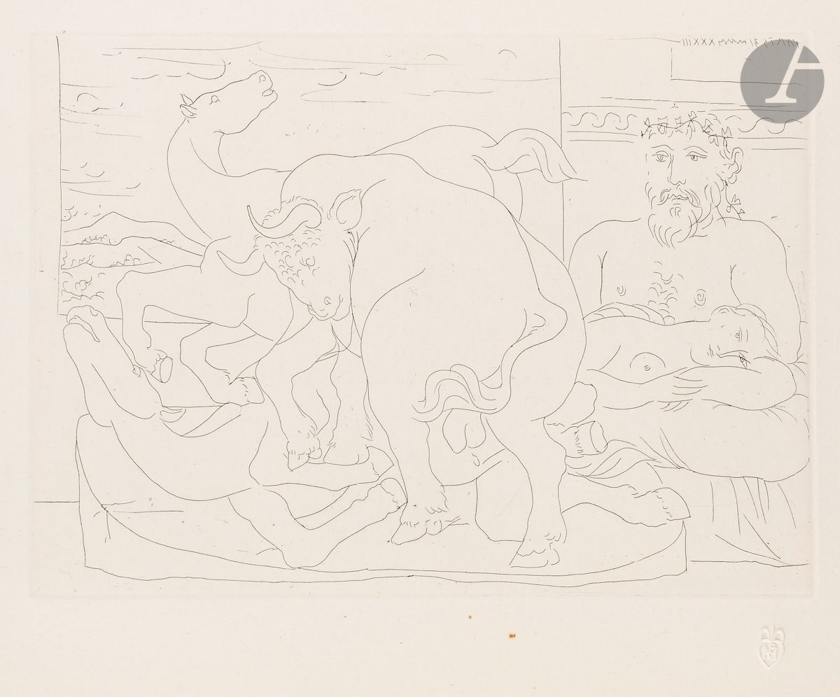 Pablo Picasso (1881-1973) 
 Suite Vollard
Le Repos du sculpteur devant des chevaux et un taureau. (Suite Vollard, pl. 57). 31 mars 1933. Eau-forte. 267 x 194. Bloch 166 ; Baer 319 B d. Parfaite épreuve sur vergé de Montval filigrané « Vollard », du tirage à petites marges à 260 épreuves [445 x 340], non signée. Très légère oxydation aux bords du feuillet. Deux petits points de rouille en marge inférieure, inhérents à la texture du papier. Toutes marges non ébarbées.