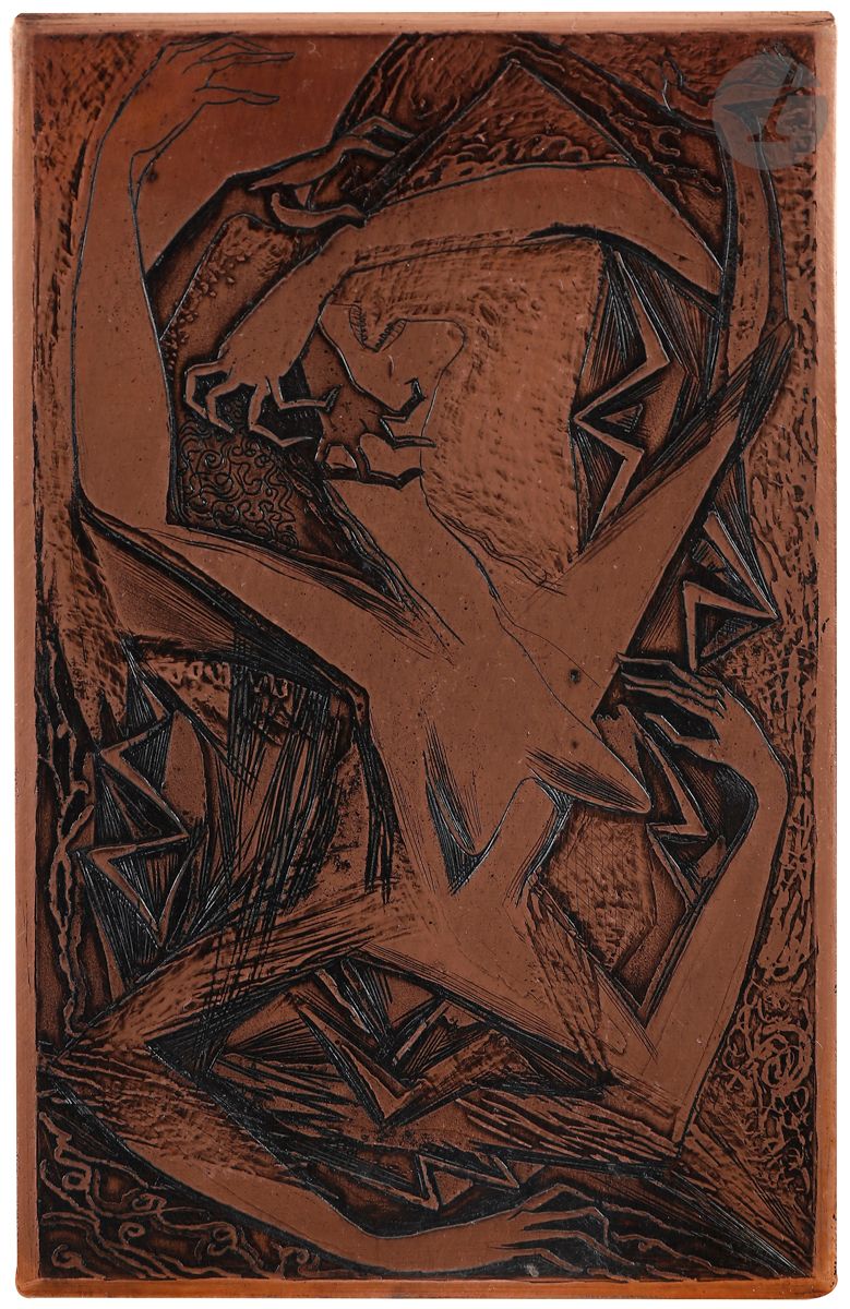 
Anton Prinner (1902-1983) 



Femme-étoile et mains. (Pl. pour La Femme tondue, Paris, A.P.R., 1946). Variante non publiée. Cuivre gravé à l’eau-forte et au burin. 95 x 155. Biseauté, les angles arrondis. 





 Le même sujet a été gravé sur zinc et constitue la version publiée dans l’ouvrage (voir vente Ader du 16 décembre 2020, n° 322). Notre cuivre semble offrir une version plus grossièrement gravée, qui n’aurait pas satisfait l’artiste, lequel ne l’aurait donc pas publiée.



Note : à la demande de l’ayant droit de l’artiste, Madame Monique Brillant-Tanazacq, ce cuivre de Prinner a été biffé d’un petit coup de pointe sèche dans l’angle inférieur gauche du sujet.