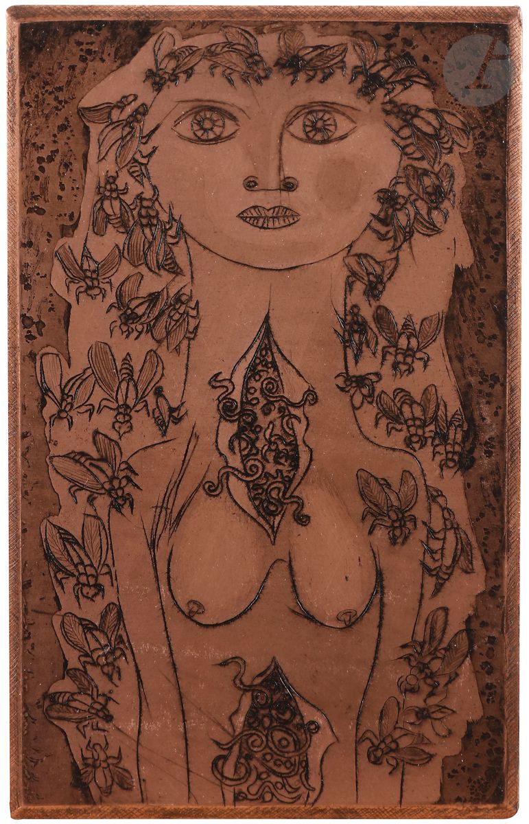 
Anton Prinner (1902-1983) 



Jeune fille de face aux abeilles. (Pl. pour La Femme tondue, Paris, A.P.R., 1946). Sujet paru dans l’ouvrage. Cuivre gravé à l’eau-forte et au burin. 95 x 155. Biseauté, les angles arrondis. 



 L’ouvrage est illustré de 8 sujets gravés par l’artiste. Il est tiré à 550 exemplaires sur vélin du Marais Crèvecœur, numérotés, dont les 100 premiers sont ornés de ces illustrations. En outre les 50 exemplaires de chapelle comportent également ces gravures. Il en existe aussi un tirage à part à grandes marges, à 30 épreuves.



Note : à la demande de l’ayant droit de l’artiste, Madame Monique Brillant-Tanazacq, ce cuivre de Prinner a été biffé d’un petit coup de pointe sèche dans l’angle inférieur gauche du sujet.