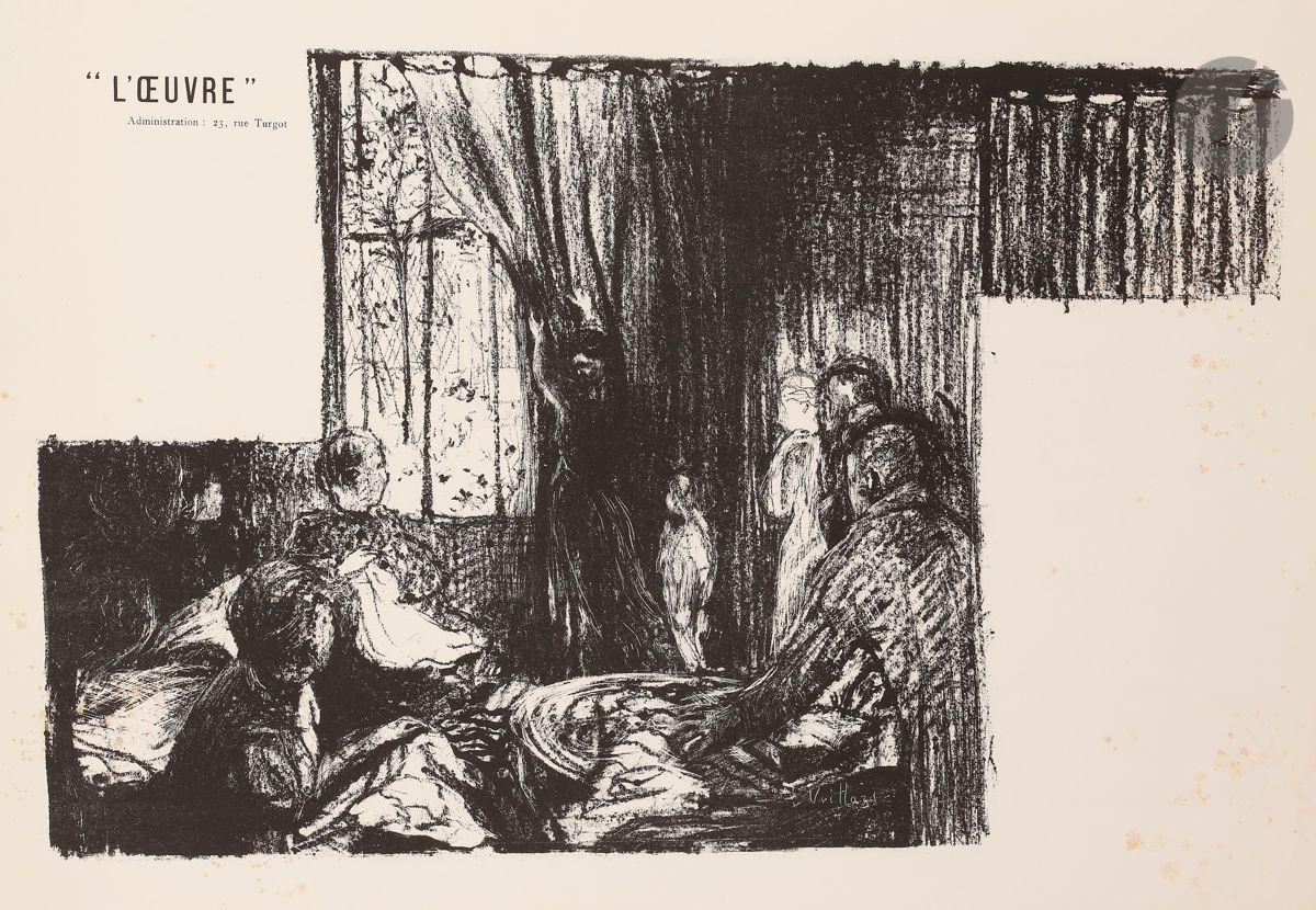 Édouard Vuillard (1868-1940) 
Les Soutiens de la société (pièce en 4 actes de Henrik Ibsen). Programme pour le Théâtre de l’œuvre.1896. Lithographie. 495 x 315. Roger-Marx 24 ; Aitken 85. Belle épreuve sur vélin glacé ivoire, d’un état intermédiaire non décrit, entre le 1er et le 2e, avec la mention « L’ œuvre » mais avant la distribution. Rousseurs éparses. Court pli cassé dans l’angle inférieur gauche du feuillet. Bande d’empoussiérage au bord droit au verso. Toutes marges.