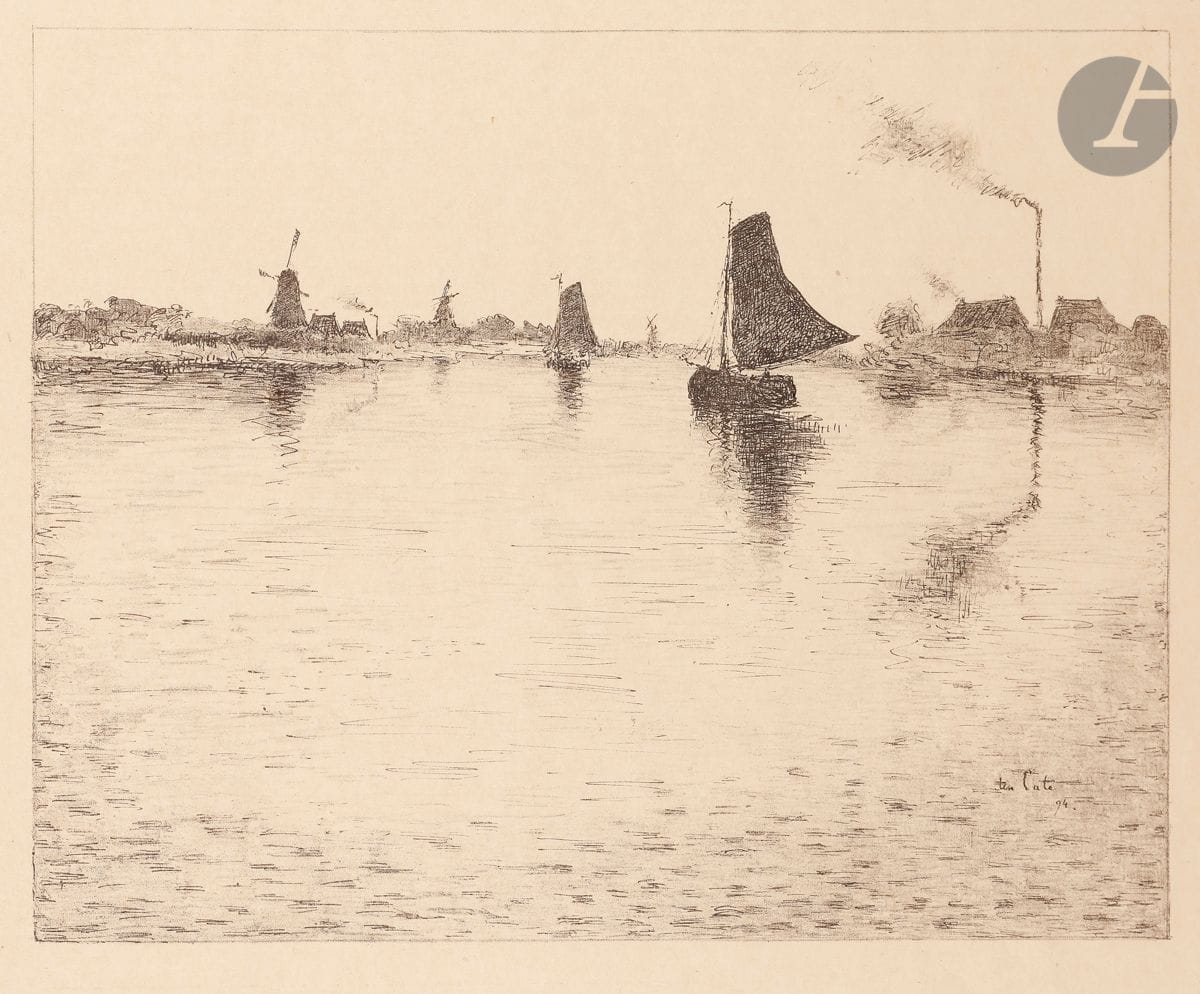 Siebe Johannes Ten Cate (1858-1908) 
Canal en Hollande. 1894. Lithographie. 322 x 248. Très belle épreuve sur japon. Très grandes marges.