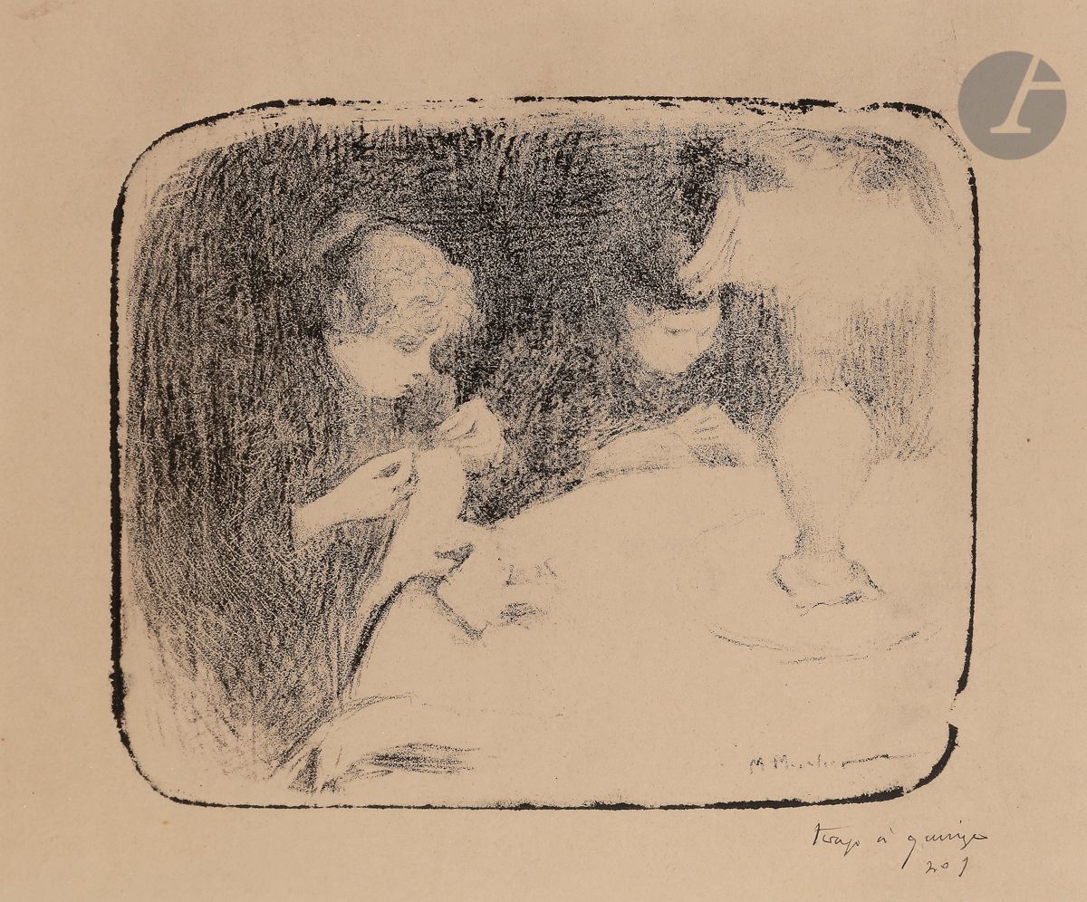 Marc Mouclier (1866-1947) 
Two women sewing under the lamp. About 1895. Lithograph. 160 x 132. Very nice proof on beige vellum, annotated in pen and ink "tirage à quinze / n° 9". Margins. Framed.
