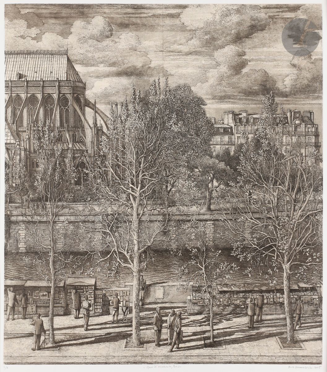Érik Desmazières (born 1948) 
Quai de Montebello. 2005. Etching and aquatint. 594 x 592. Fitch 196. Perfect proof on applied yellowish bubble, one of the 10 numbered in roman numerals, titled, signed and dated in pencil. All margins. Final edition of 75 proofs.
