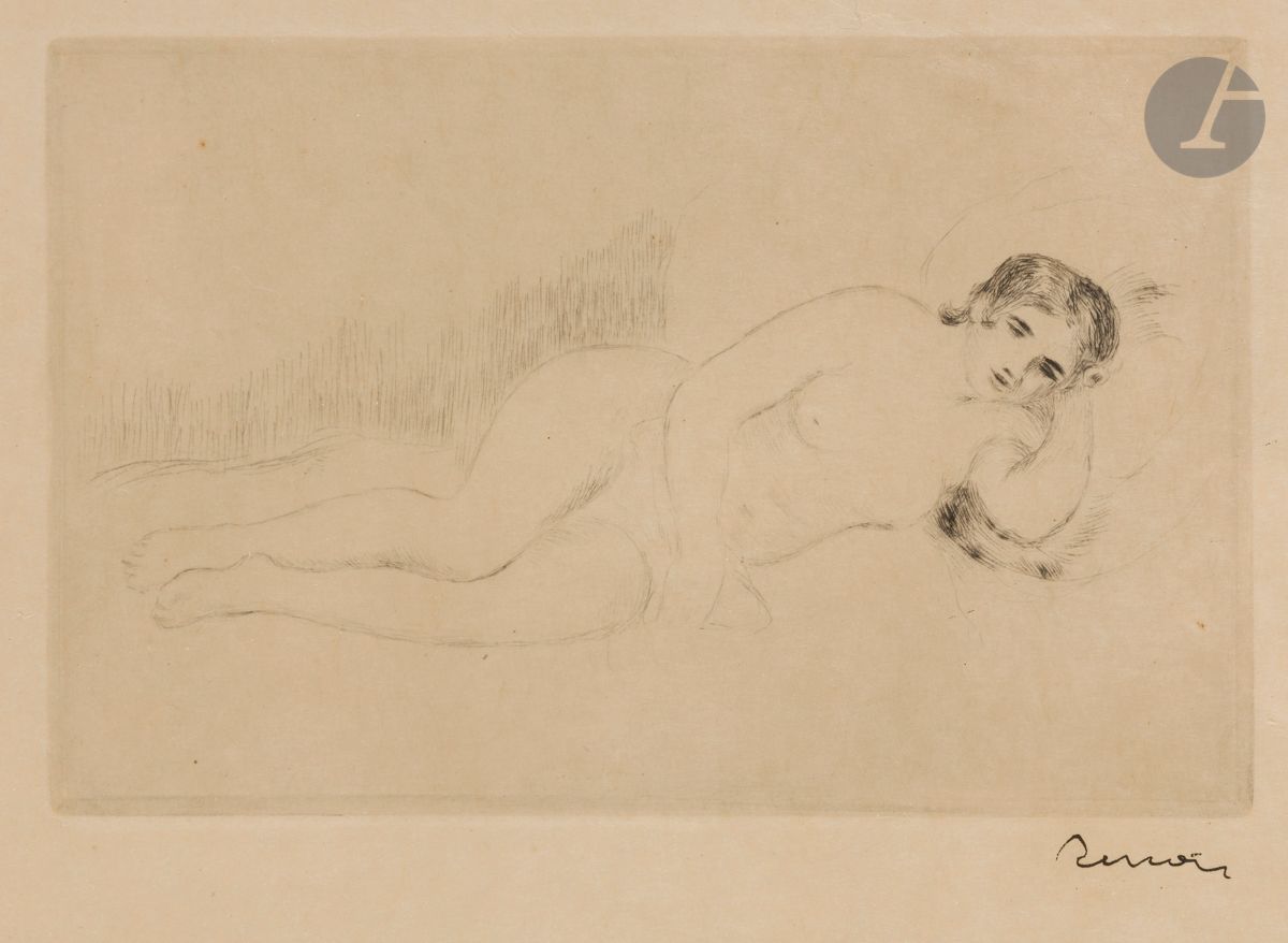 Pierre-Auguste Renoir (1841-1919) 
Femme nue couchée tournée à droite (1re pl.). Vers 1906. Pointe sèche. 198 x 128. Delteil, Stella 13. Très belle épreuve sur simili-japon fort, timbrée (Lugt 2137b). Toutes marges. Cadre.