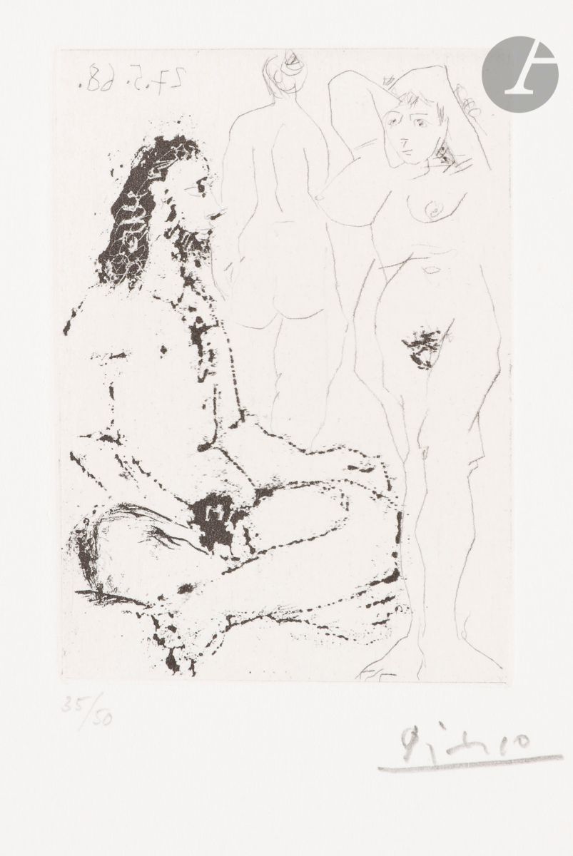 Pablo Picasso (1881-1973)
Suite « Les 347 »
Homme nu assis en tailleur et deux femmes. (Les 347, pl. 121). 27 mai 1968. Pointe sèche et aquatinte au sucre. 59 x 84. Bloch 1600 ; Baer 1616 B b 1. Parfaite épreuve sur vélin crème, du tirage à 50 épreuves effectué en 1969 pour la galerie Leiris, numérotée et signée au crayon. Toutes marges.