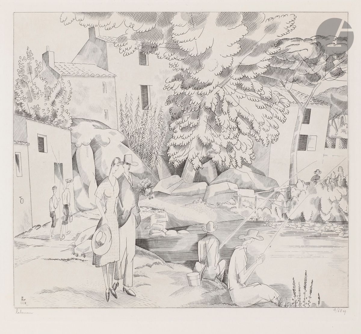 Jean-Émile Laboureur (1877-1943) 
La Pêche à la ligne. 1927-1928. Burin. 270 x 232. Laboureur 361. Très belle épreuve sur vélin blanc mince, signée et numérotée au crayon. Les bords latéraux rempliés verticalement. Toutes marges. Tirage à 68 épreuves.