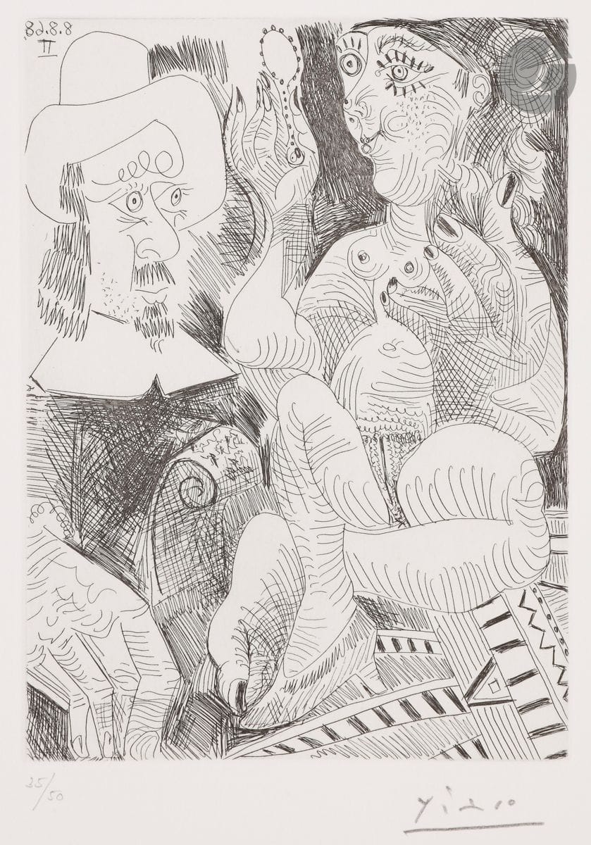 Pablo Picasso (1881-1973)
Suite « Les 347 »
Femme à sa toilette et homme au chapeau rembranesque. (Les 347, pl. 258). 8 août 1968. Eau-forte. 153 x 207. Bloch 1738 ; Baer 1754 B b 1. Parfaite épreuve sur vélin crème, du tirage à 50 épreuves effectué en 1969 pour la galerie Leiris, numérotée et signée au crayon. Toutes marges.