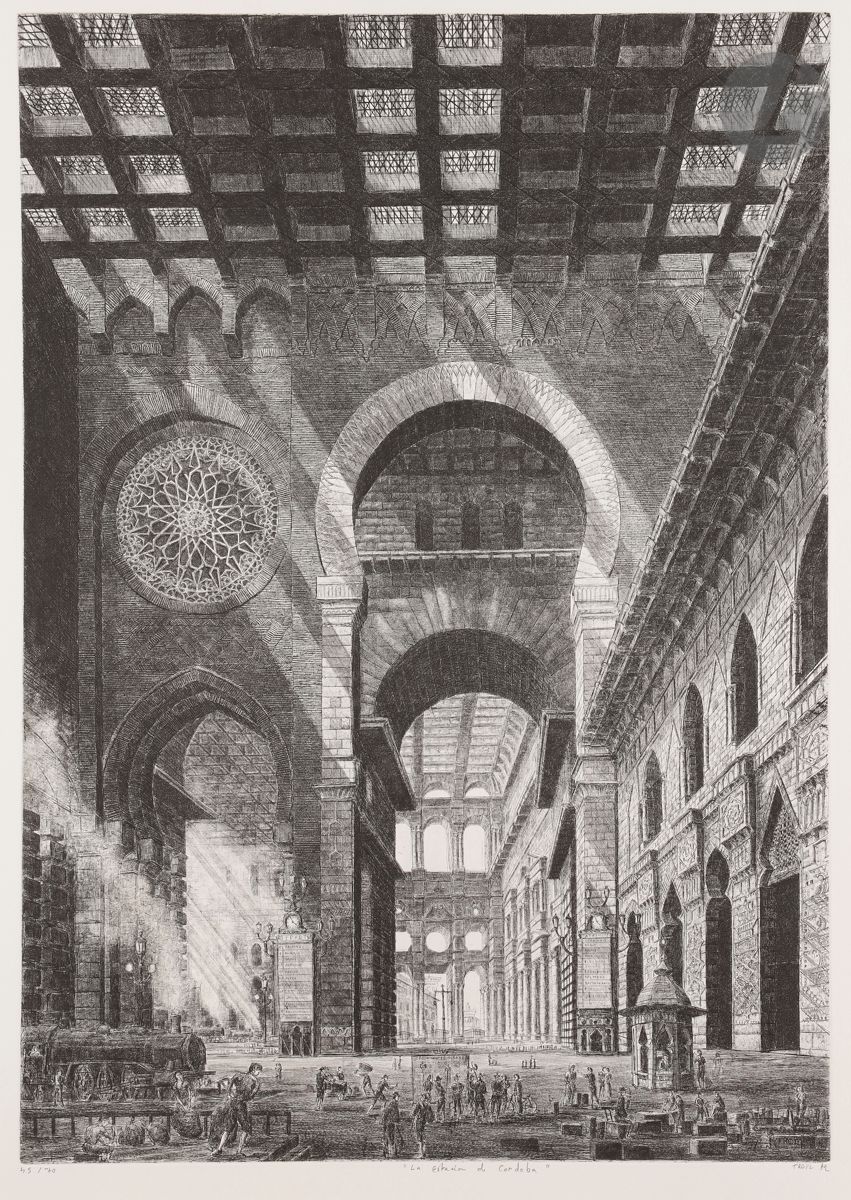 Laurent de Troïl 
(Laurent Guilmot) (born 1953) 
La Estación de Cordoba. 1992. Etching and drypoint. 490 x 692. Very nice proof on white vellum, numbered, titled, signed and dated in pencil. All margins. Edition at 70 proofs.

