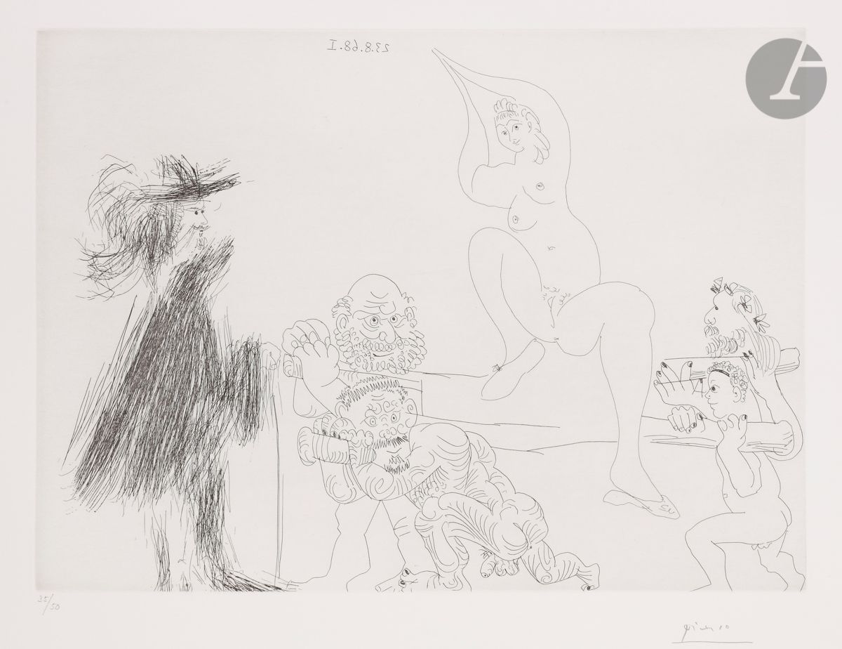 Pablo Picasso (1881-1973)
Suite « Les 347 »
Quatre portefaix apportant à un gentilhomme une jeune femme sur une litière. (Les 347, pl. 292). 23 août 1968. Eau-forte. 390 x 279. Bloch 1772 ; Baer 1789 B b 1. Parfaite épreuve sur vélin crème, du tirage à 50 épreuves effectué en 1969 pour la galerie Leiris, numérotée et signée au crayon. Toutes marges.
