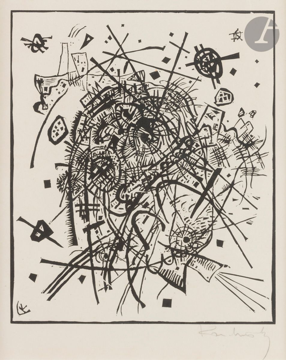 Wassily Kandinsky (1866-1944) 
Kleine Welten, pl. 8. 1922. Bois gravé. 230 x 270 [285 x 380]. Roethel 171 ; Friedel-Hoberg 130. Très belle épreuve du tirage de tête sur japon, signée au crayon, collée par des bandes d’adhésif en tête et sur les bords latéraux au verso. Infimes plis cassés dans le sujet. Deux traces de colle dans les angles supérieurs au verso. Fines bandes d’oxydation aux bords du feuillet sous le passe-partout. Toutes marges. Cadre.