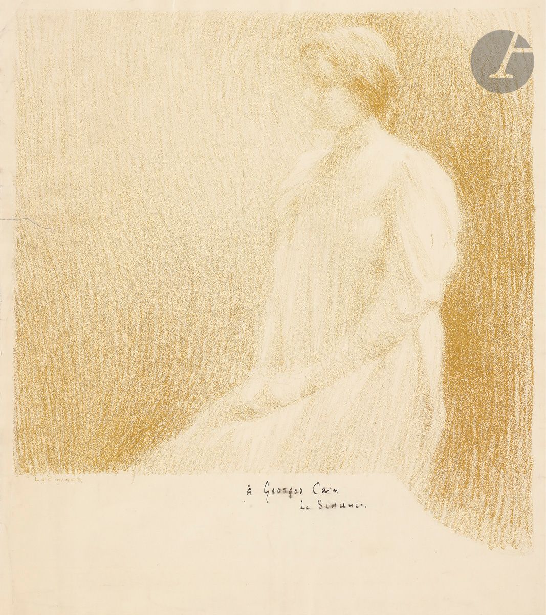 Henri Le Sidaner (1862-1939) 
Jeune femme assise de profil. (Illustration pour un ouvrage). Vers 1900. Lithographie. 255 x 270. Impression en vert olive. Bonne épreuve sur vélin glacé, dédicacée « À Georges Cain » et signée à la plume et à l’encre (inscriptions anciennement légèrement frottées). Déchirures de 25 mm au bord gauche, pénétrant légèrement dans le sujet. Légères ondulations aux bords du feuillet. Toutes marges. 

 Georges Cain (1853-1919) était un peintre, illustrateur et écrivain français qui écrivit sur l’histoire de Paris et de ses monuments. Il fut conservateur du musée Carnavalet de 1897 à 1919.
