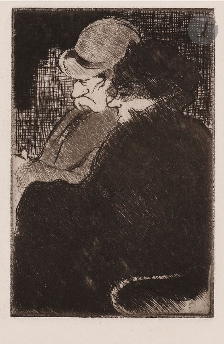 Armand Seguin (1869-1903) 
En chemin de fer. 1891. Eau-forte et pointe sèche. 72 x 110. Field 4. Belle et rare épreuve sur vergé. Petit arrachement en tête du feuillet. Infimes taches marginales et au verso. Marges réduites, bords légèrement irréguliers [190 x 195]. Tirage à 20 épreuves selon Field.