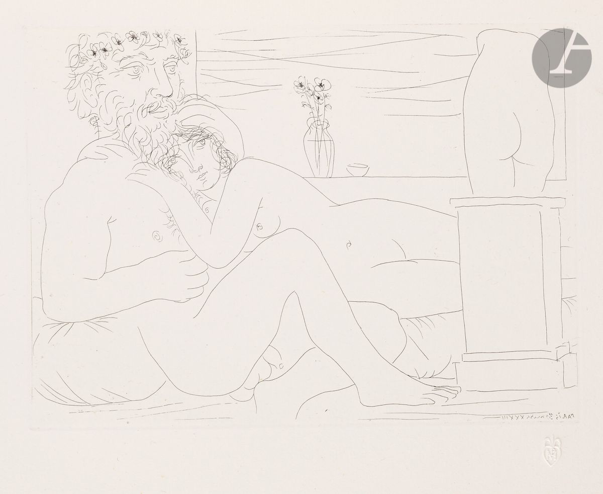 Pablo Picasso (1881-1973) 
 Suite Vollard
Le Repos du sculpteur devant le petit torse. (Suite Vollard, pl. 53). 30 mars 1933. Eau-forte. 268 x 194. Bloch 162 ; Baer 315 B d. Très belle épreuve sur vergé de Montval filigrané « Vollard », du tirage à petites marges à 260 épreuves [445 x 340], non signée. Très légère oxydation aux bords du feuillet. Infimes points de rouille inhérents à la texture du papier. Toutes marges non ébarbées.