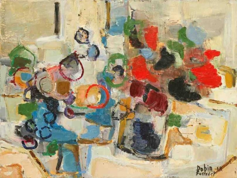 Les anémones dans l'atelier, 1962 Huile sur toile. Signée et datée en bas à droite. Titrée au dos. 46 x 61 cm