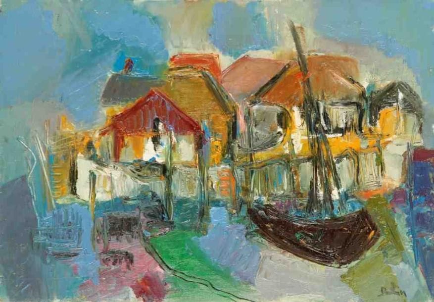 Le port, vers 1970 Huile sur toile. Signée en bas à droite. 38 x 56 cm