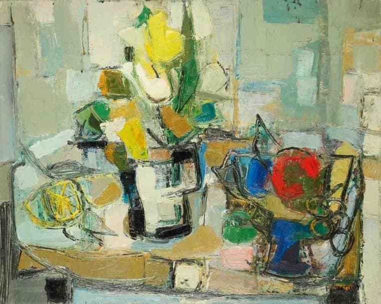 Nature morte aux fleurs et fruits, vers 1962 Huile sur toile. Non signée. 65 x 81 cm