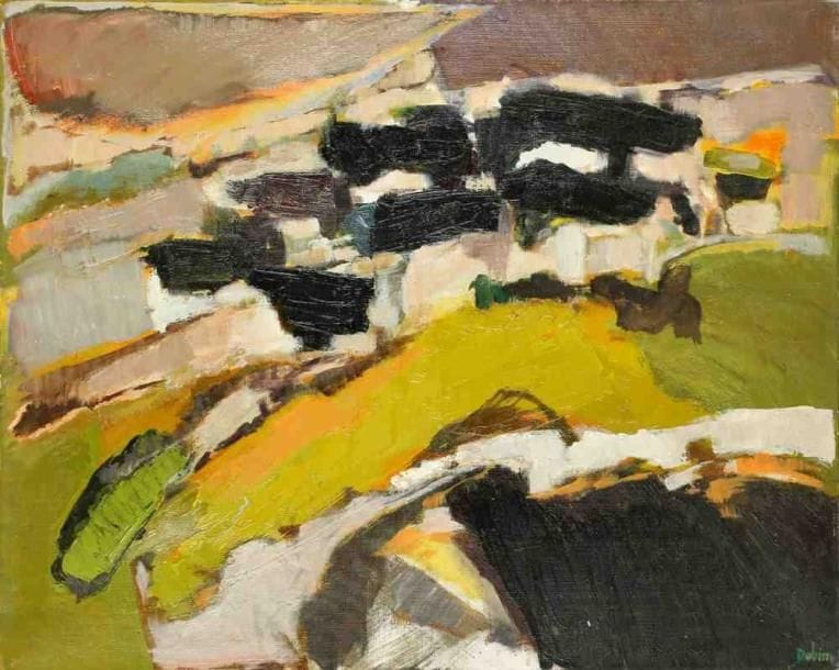 Le village oublié, vers 1973 Huile sur toile. Signée en bas à droite. Titrée au dos. 65 x 81 cm