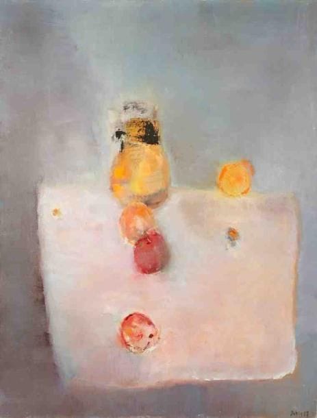 Nature morte aux pommes, 1987 Huile sur toile. Signée et datée en bas à droite. Enfoncement 115 x 90 cm