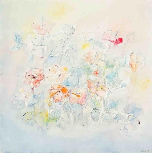 La plate bande bleue, 1988 Huile sur toile. Signée et datée en bas à droite. Titrée au dos. 100 x 100 cm