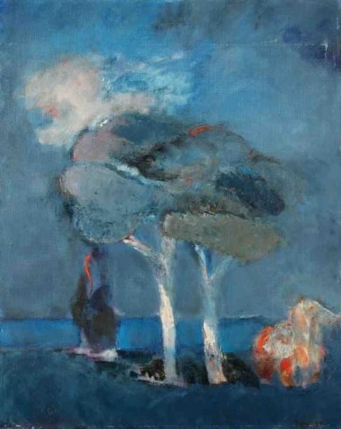 Les pins bleus, 1989 Huile sur toile. Signée et datée en bas à droite. Griffures. 81 x 65 cm