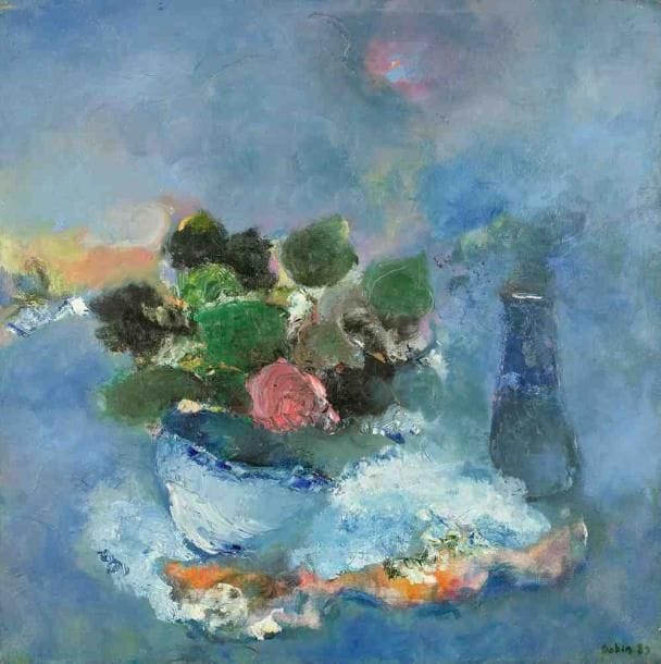 Bouquet de fleurs et vase, 1989 Huile sur toile. Signée et datée en bas à droite. 80 x 80 cm