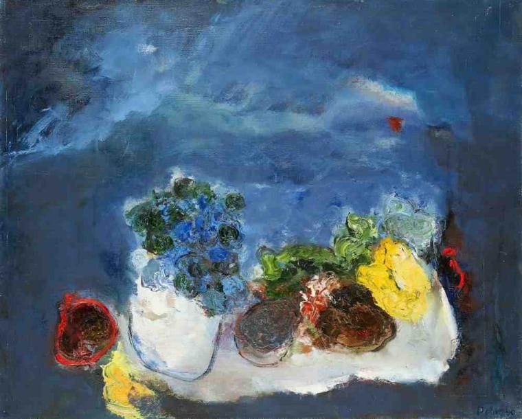 Nature morte au pot blanc, 1990 Huile sur toile. Signée et datée en bas à droite. Titrée au dos. 65 x 81 cm