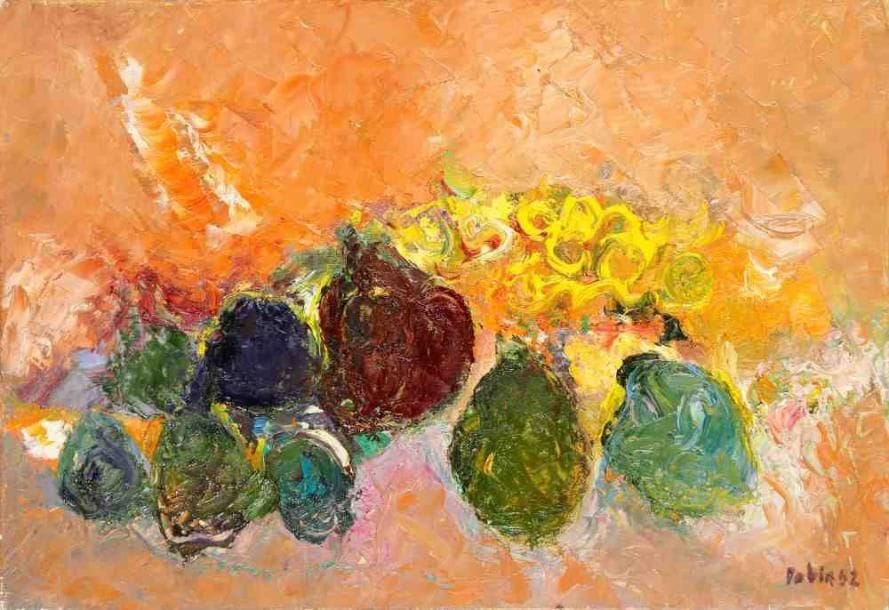 Nature morte aux fruits, 1992 Huile sur toile. Signée et datée en bas à droite. 38 x 56 cm