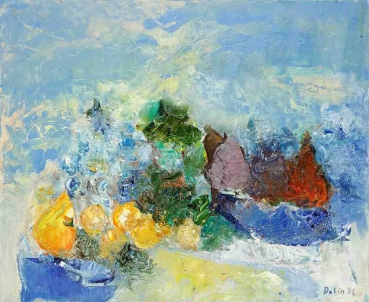 Nature morte aux fruits, 1992 Huile sur toile. Signée et datée en bas à droite. 60 x 73 cm