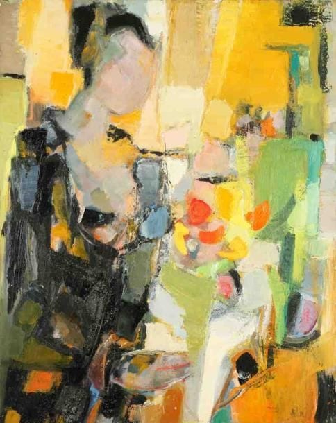 Femme au bouquet, vers 1963 Huile sur toile. Signée en bas à droite. 92 x 73 cm