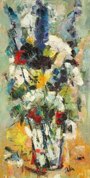 Nature morte au bouquet, vers 1963 Huile sur toile. Signée en bas à droite. 92 x 47 cm